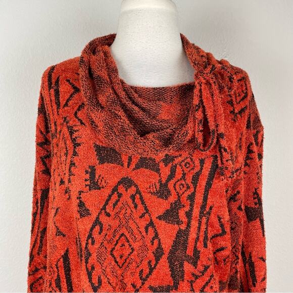 Ali Miles Orange Black Fuzzy IKat Print Cowl Neck Sweater Top Medium - Picture 3 of 9